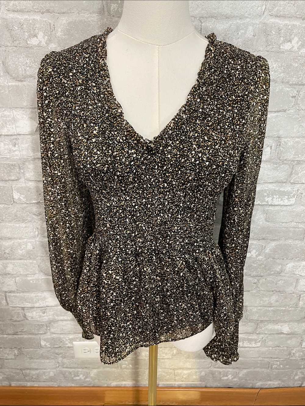 Aqua Brown and Cream Floral Smocked V-Neck Blouse